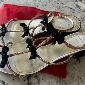 Rene Caovilla Gold Strappy Sandals with Black Bow Accents Sz 8.5 $900